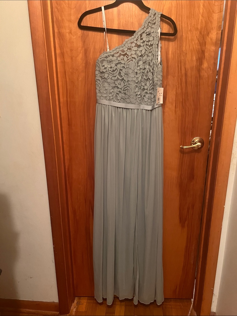 One-Shoulder Lace Top Chiffon Maxi Dress - pale green